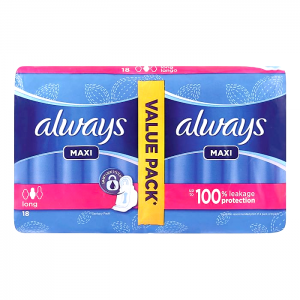 always maxi long 18 pads  value pack  up to 100% leakage protection